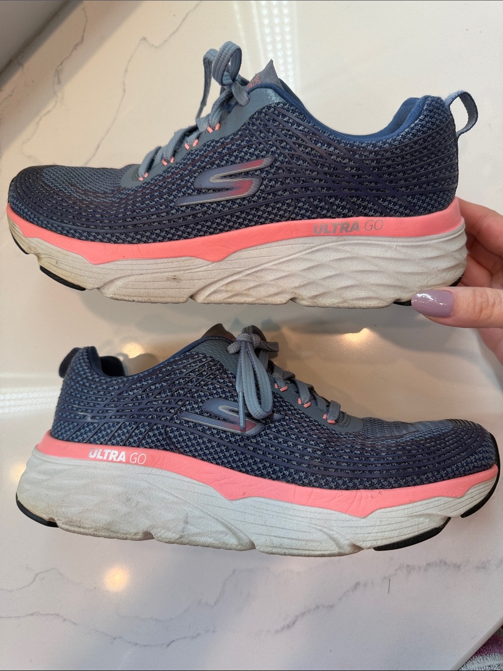 Skechers Women's Blue Knit Athletic Sneakers with Pink Midsole